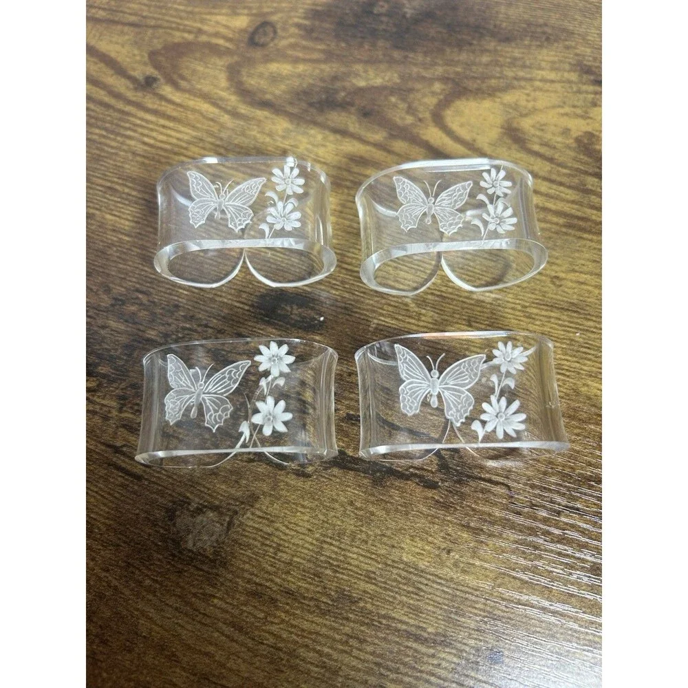 Vintage Clear Plastic Napkin Rings Holder Butterfly Floral Etched Boho Set of 4